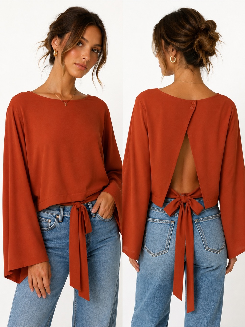 b.young Rust Open Back Tie Blouse Oversized Bell Sleeve Top Boho Chic